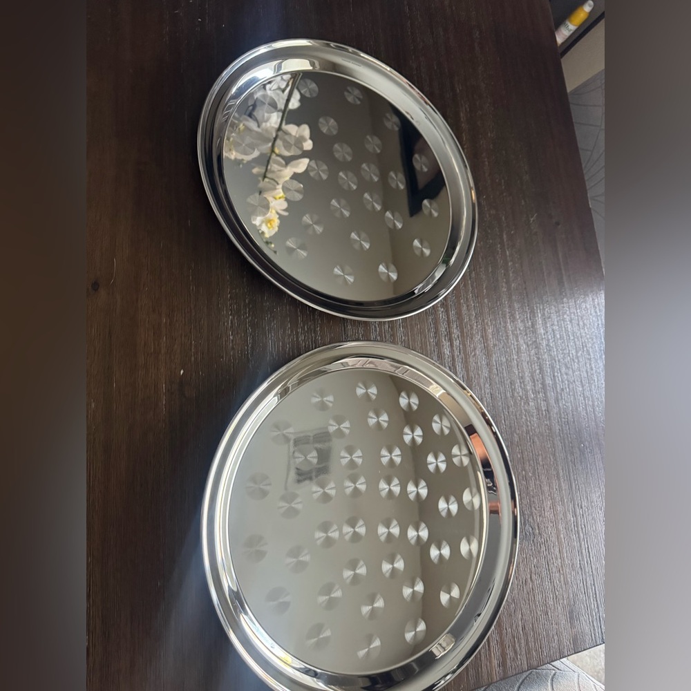 2 Winco Round Tray with Swirl Pattern, 16-Inch, Stainless Steel